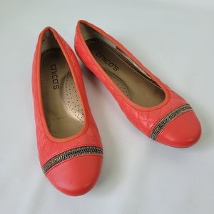 CHICO'S Leather With Chain Quilted Orange/Pink Flats Sz 8M
